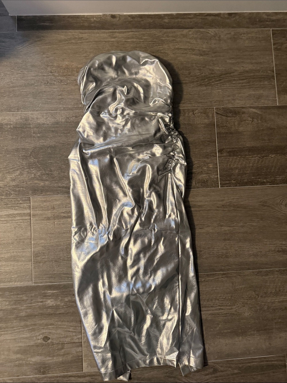 Anthropologie Metallic Silver Strapless Ruched Midi Dress